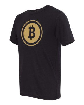 Gold Bitcoin Large Chest Symbol On Black T-shirt