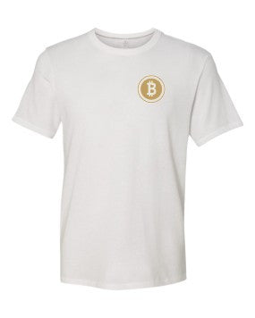 Gold Bitcoin Left Chest Symbol On White T-shirt