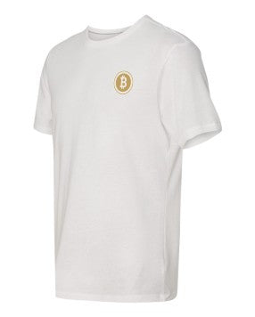 Gold Bitcoin Left Chest Symbol On White T-shirt